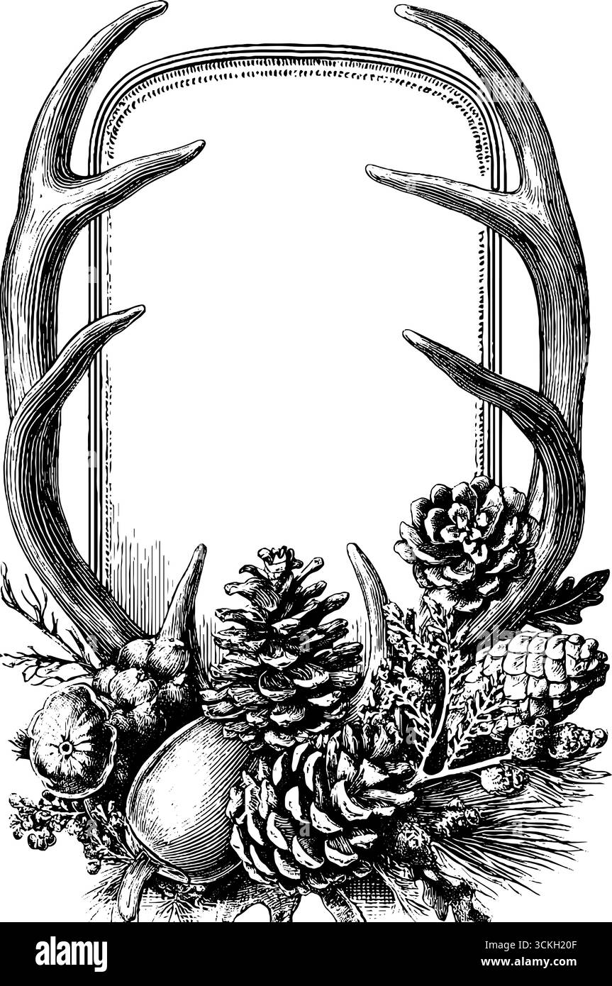 Vintage-Geweih- und Pinienkegelmotiv mit botanischen Details für rustikales Design. Stock Vektor
