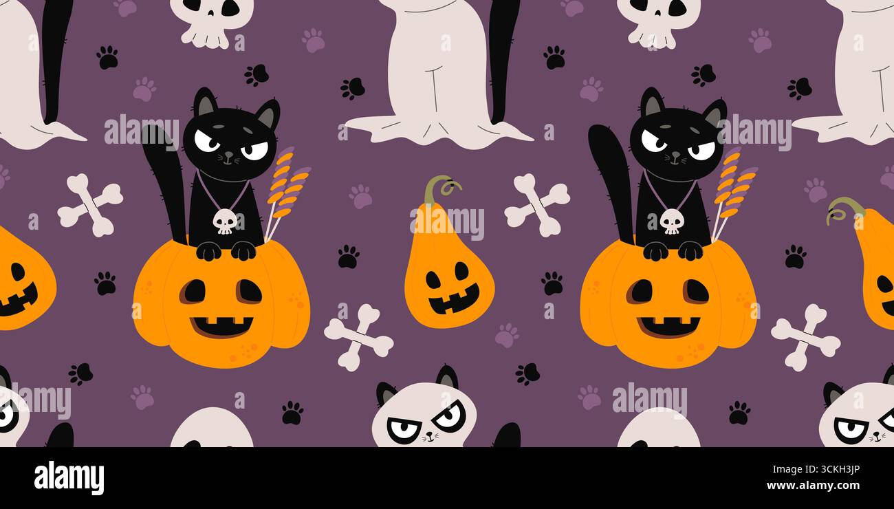 Niedliches, nahtloses Halloween-Muster. Schwarze Katze mit Süßigkeiten in Kürbis Jack o Laterne und Geistertier auf violettem Hintergrund. Vektorabbildung. Hori Stock Vektor