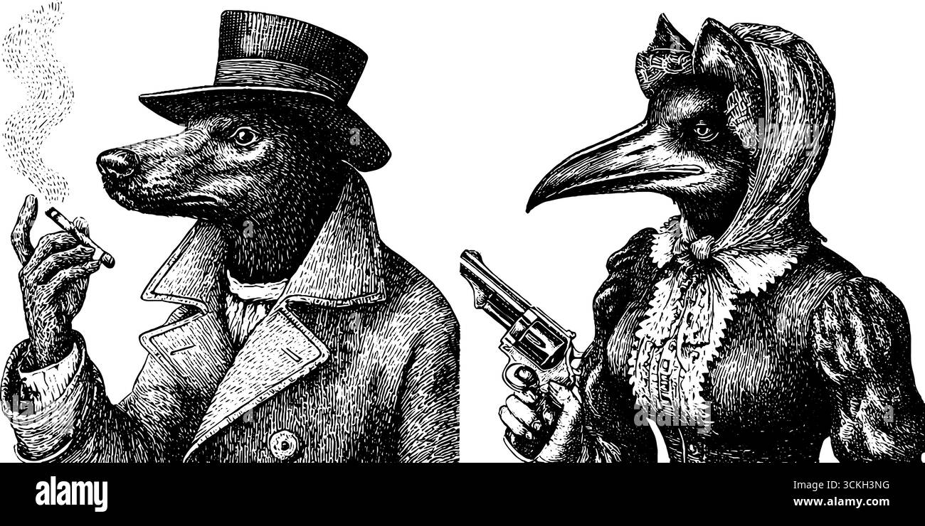 Anthropomorphe Vintage-Tiere in viktorianischer Kleidung - Schwarzweiß-Gravurkunst für Retro-Design. Stock Vektor