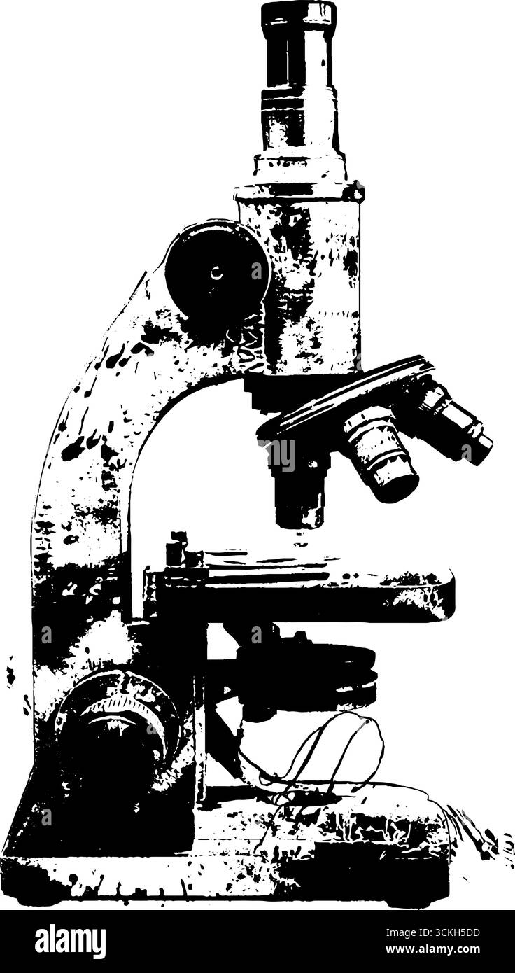Vintage-Grunge-Mikroskop-Schablonendesign für Poster mit naturwissenschaftlichen Themen. Stock Vektor
