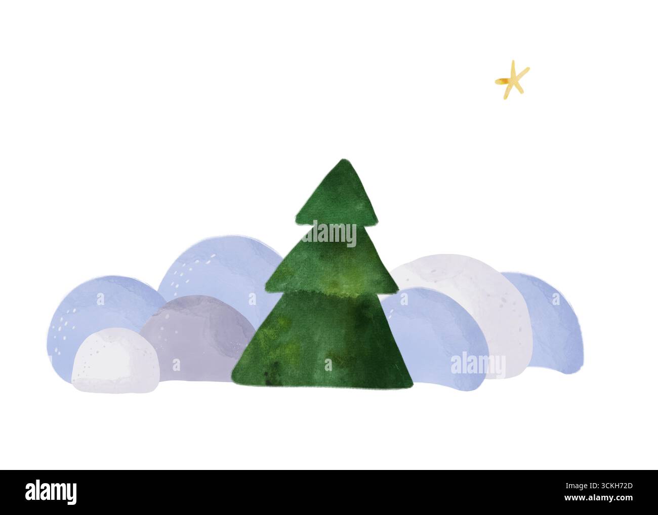 Handgezeichnete Kinderillustration eines Winterwunderlandes. Ein festlicher Weihnachtsbaum steht in schneebedeckten Wolken unter einem Sternenhimmel mit einem Halbmond Stockfoto