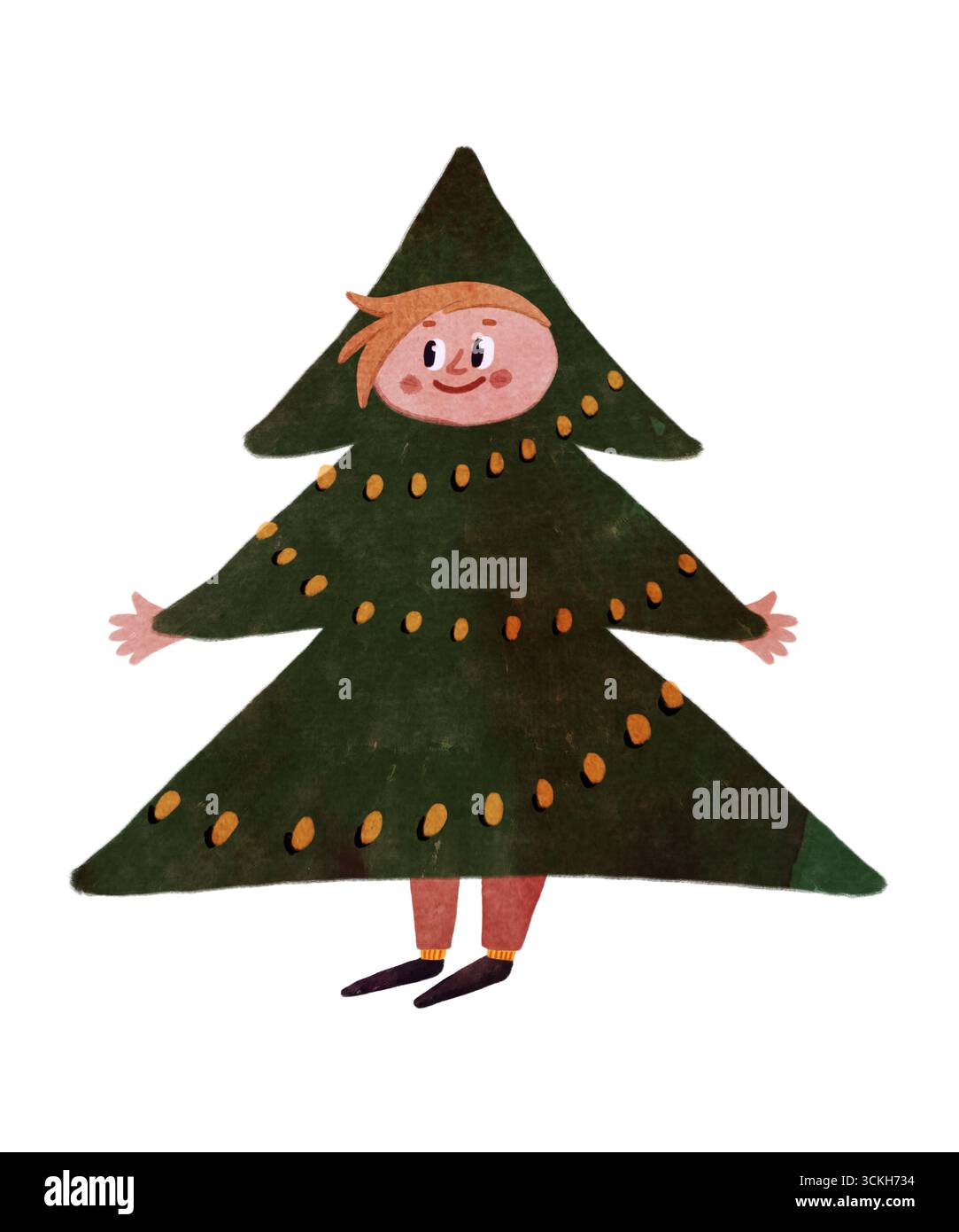 Niedliches handgezeichnetes Kind im grünen Weihnachtsbaumkostüm mit gelben Lichtern, glücklich lächelnd. Perfekt für Weihnachtskarten, Kinderbücher oder Partydekorationen. Chi Stockfoto