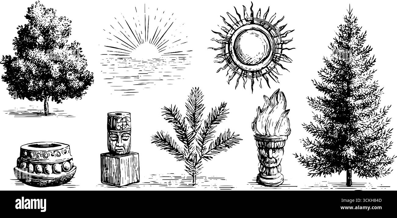 Heidnische Steinillustrationen zur Wintersonnenwende: Symbole und Traditionen für das Design der saisonalen Feierlichkeiten. Stock Vektor