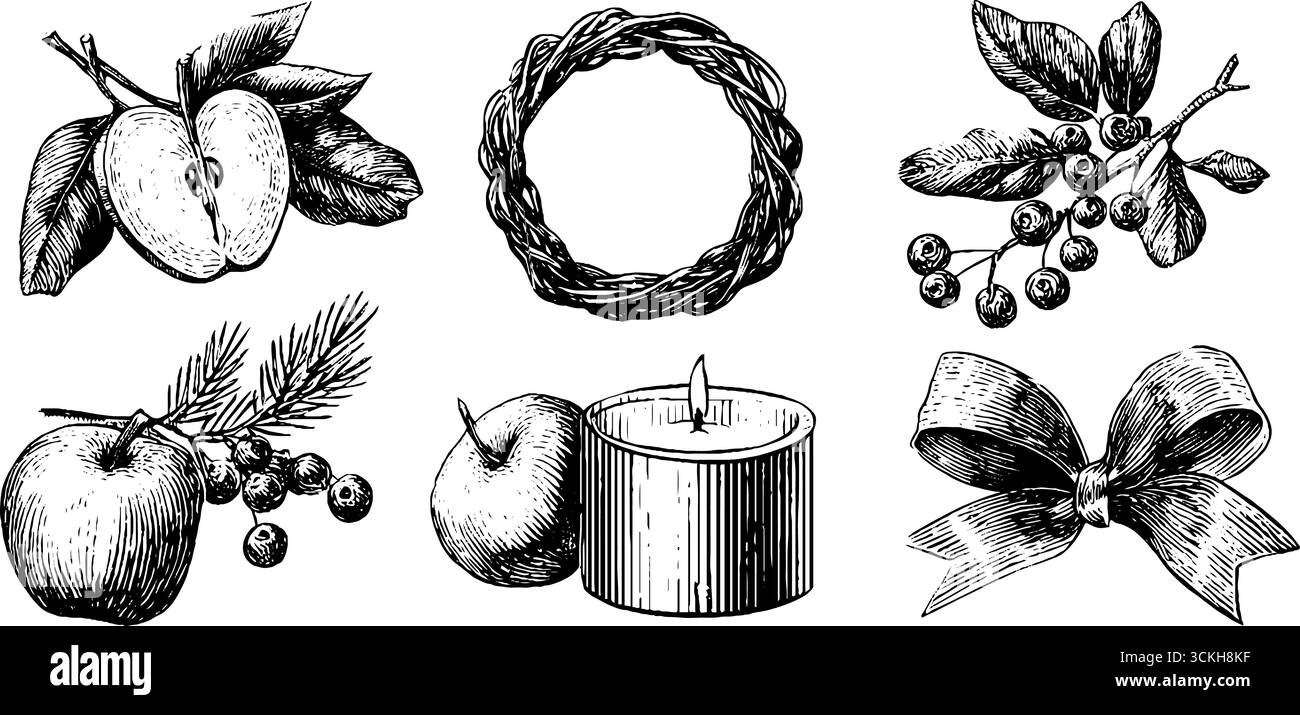 Handgezeichneter Vintage-Sonnenkranz und Naturelemente für die Weihnachtsdekoration. Stock Vektor