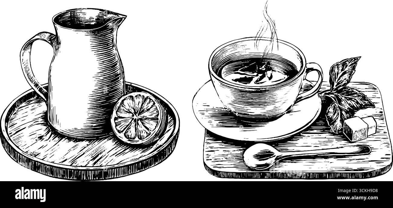 Vintage Sketch Kollektion festlicher Getränke mit Tee und Wein für festliches Design. Stock Vektor