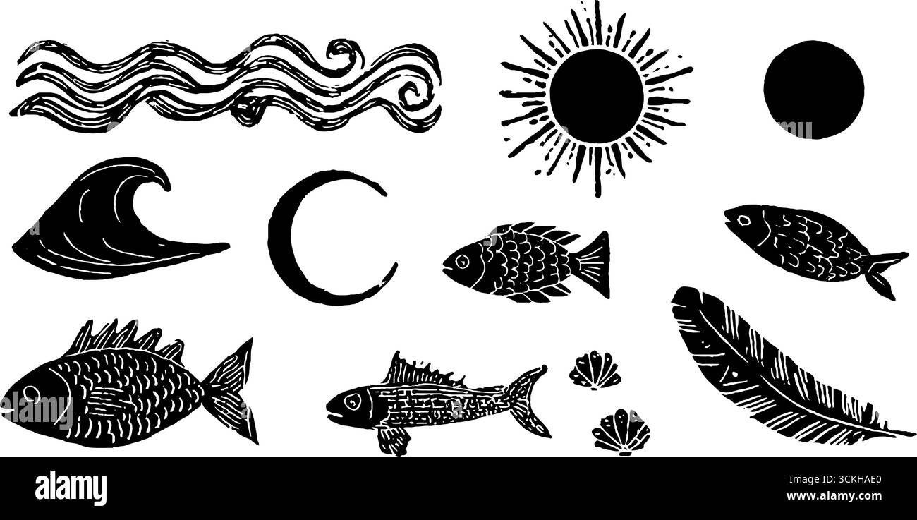 Linolcut Ocean Symbols Kollektion mit Wellen, Sonne, Fisch und Feder für künstlerisches Design. Stock Vektor