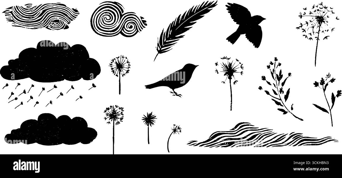 Linocut Air Elements Kollektion: Vogelsilhouetten mit spiralförmigen Windfedern für kreatives Design. Stock Vektor