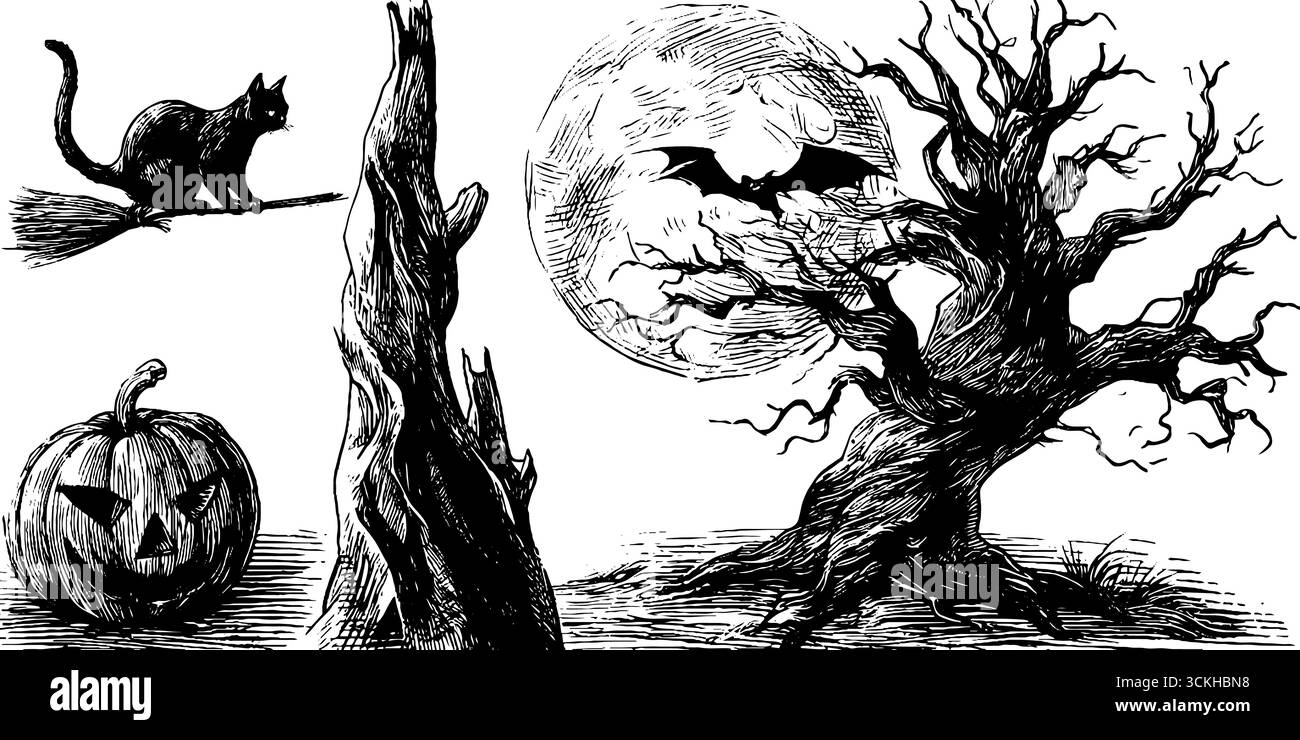 Halloween-Nacht-Skizze: Herbstbesen, Katze, Kürbis, Fledermaus, Mond, Baumsilhouetten für festliche Designs. Stock Vektor
