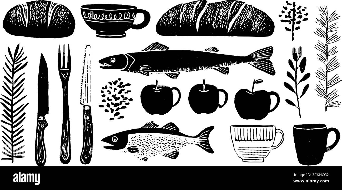 Rustikales Leinenmuster mit Brotlaiben und Fisch für die Vintage-Inneneinrichtung. Stock Vektor