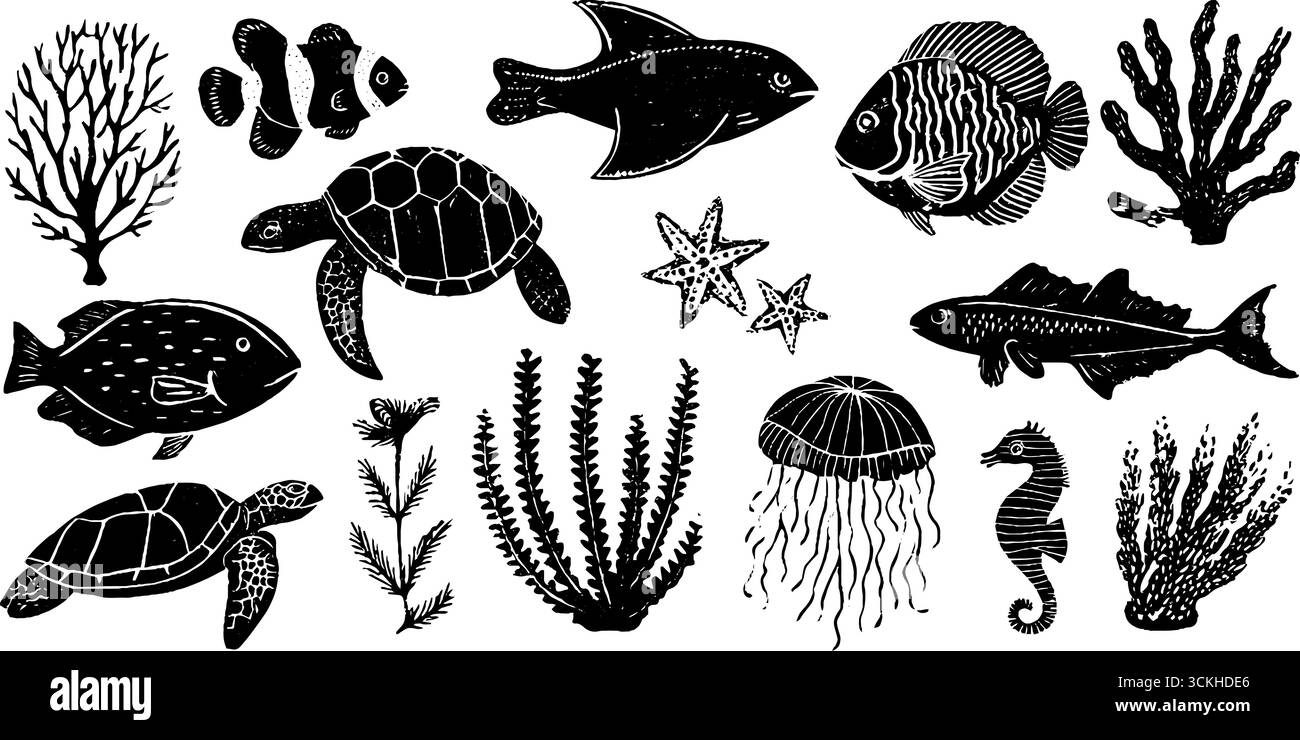 Linolcut Korallenriff Creatures Kollektion mit Clownfischen, Schildkröten und Meereslebewesen zum Design und Drucken. Stock Vektor