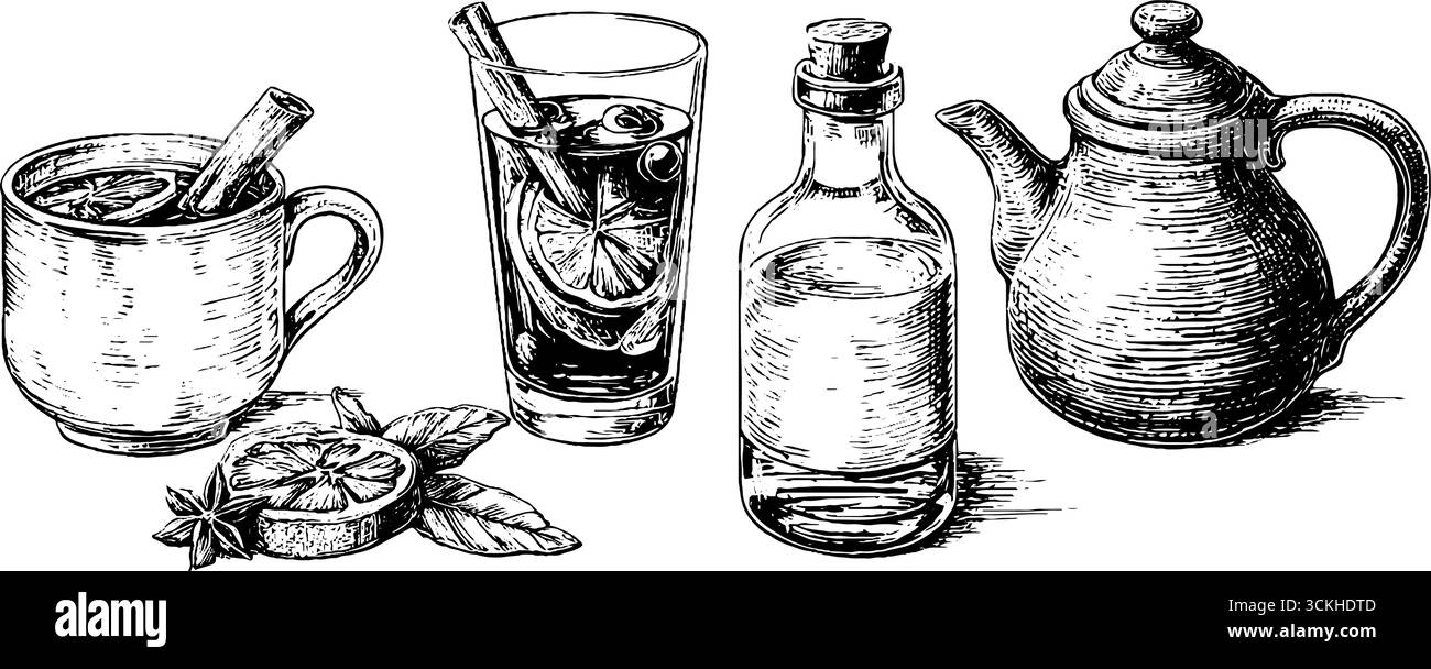 Handgezeichnete Vintage-Kollektion von Wintergetränken: Glühgetränke und Teekanne Illustration. Stock Vektor