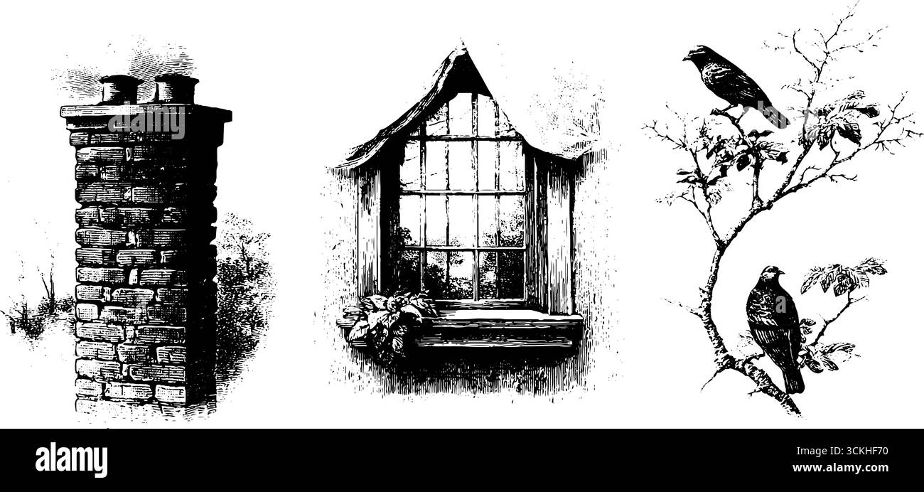 Vintage Graving Elements Kollektion mit gemauertem Kamin, Giebelfenster und Vögeln am Ast für Design. Stock Vektor