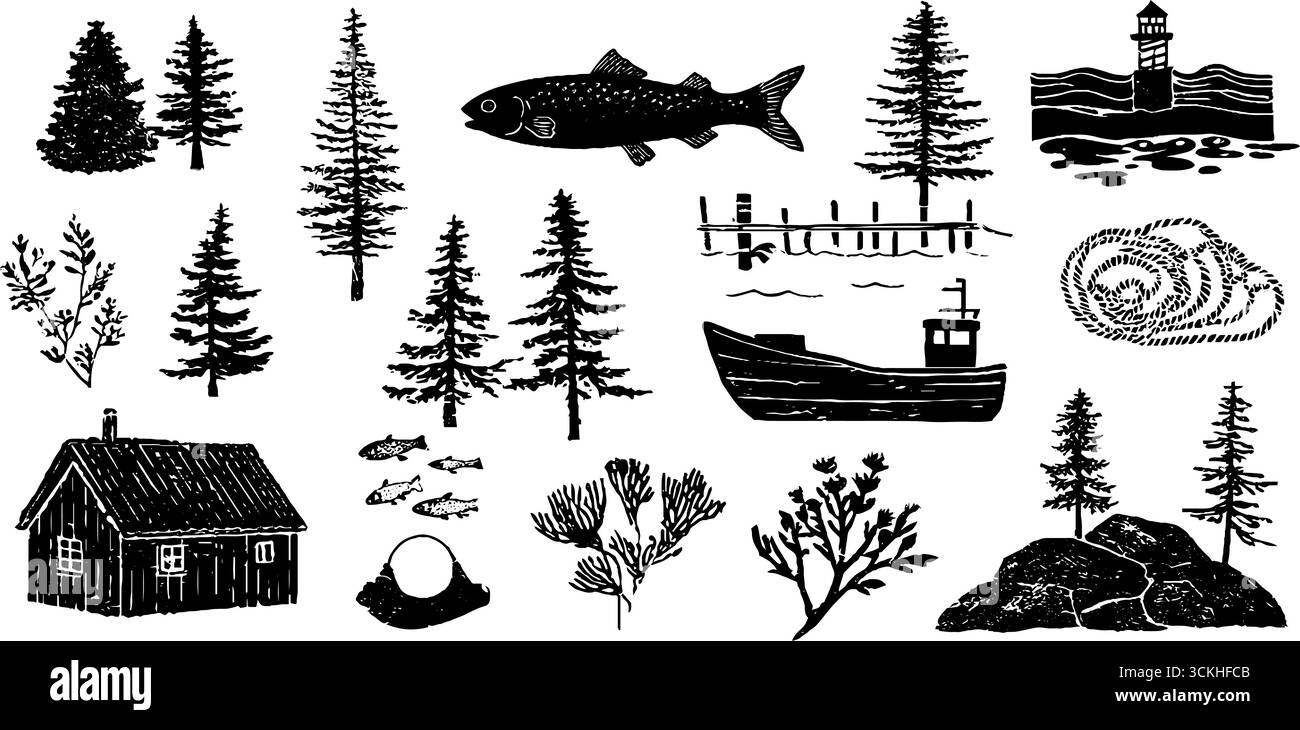 Nautische Linolschnitt-Sammlung: hafenszenen, Angelelemente, Waldsilhouetten. Stock Vektor