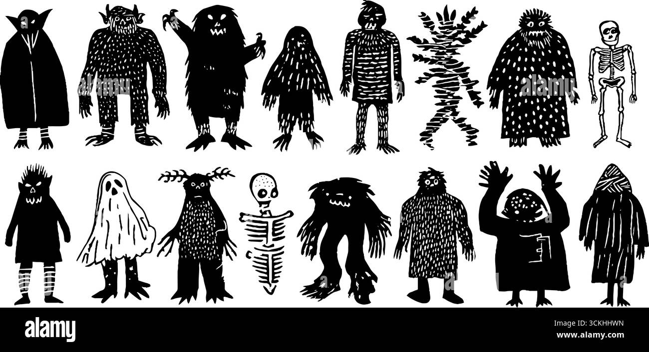 Sammlung von Linolschnitt-Horrormonstern mit Vampir, Werwolf und Zombie für halloween-Design. Stock Vektor