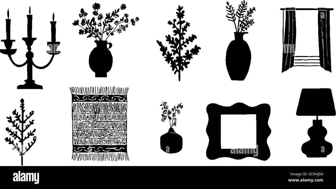 Elegante Linolschnitt-Kollektion mit Kerzenleuchtern, Vasen und Wohnaccessoires für künstlerisches Design. Stock Vektor