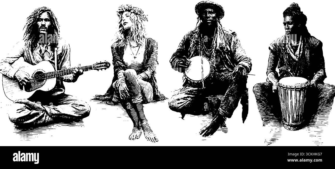 Gravur von Designelementen aus der Hippie-Kultur der 1960er Jahre für Retro-Kunst und Druckprojekte. Stock Vektor