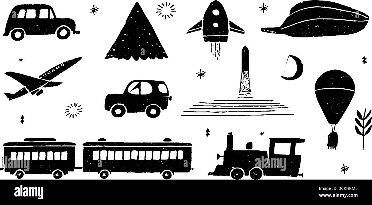 Moderne Silhouetten-Kollektion für den Transport mit Elektroautos und himmlischen Elementen für Design. Stock Vektor