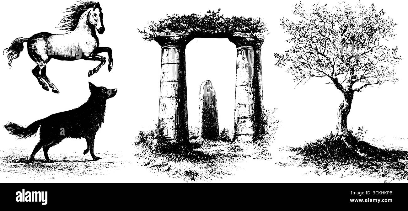Schottische halloween Folklore-Sammlung: Gravierte Vintage-Skizze von Pferd, Wolf, Steinkreis und Baum. Stock Vektor