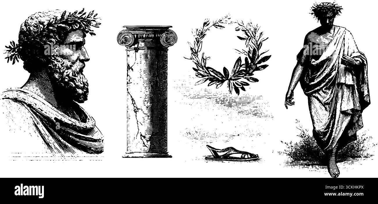 altgriechische Philosophen und Symbole: Gravur von Designelementen für historische und pädagogische Themen. Stock Vektor