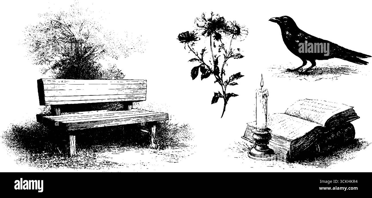 Sammlung nostalgischer Herbstmotive mit Bank, Kerze, Vogel, Blumen und Buch für Design und Dekoration. Stock Vektor