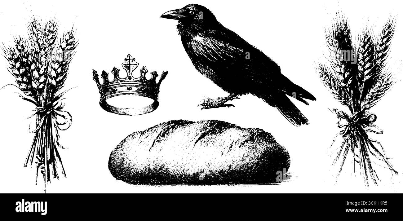 Sammlung slawischer Erntetraditionen mit gravierten Elementen aus Weizen, Brot, Krone und Raben. Stock Vektor