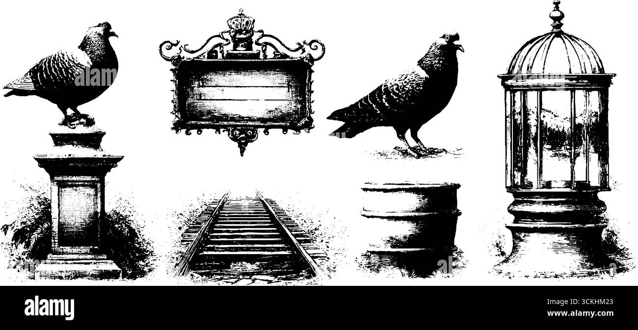 Design Elements Kollektion mit Vintage-Gravur mit Tauben, Schildern und Straßenszenen für Retro-Projekte. Stock Vektor