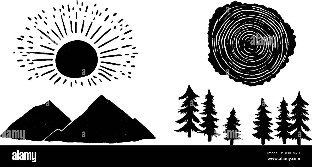 Linolschnitt-Waldsymbole mit Sonne, Bergen und Bäumen für Boho-Designs. Stock Vektor