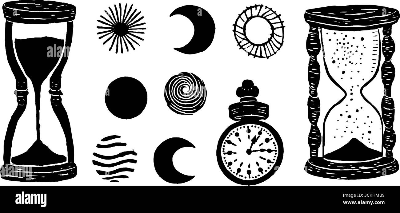 Sammlung von Zeitsymbolen für Linolschnitte: Sanduhr, Sonnenuhr, Sonne, Mond, Spirale, Uhr für Design und Einrichtung. Stock Vektor