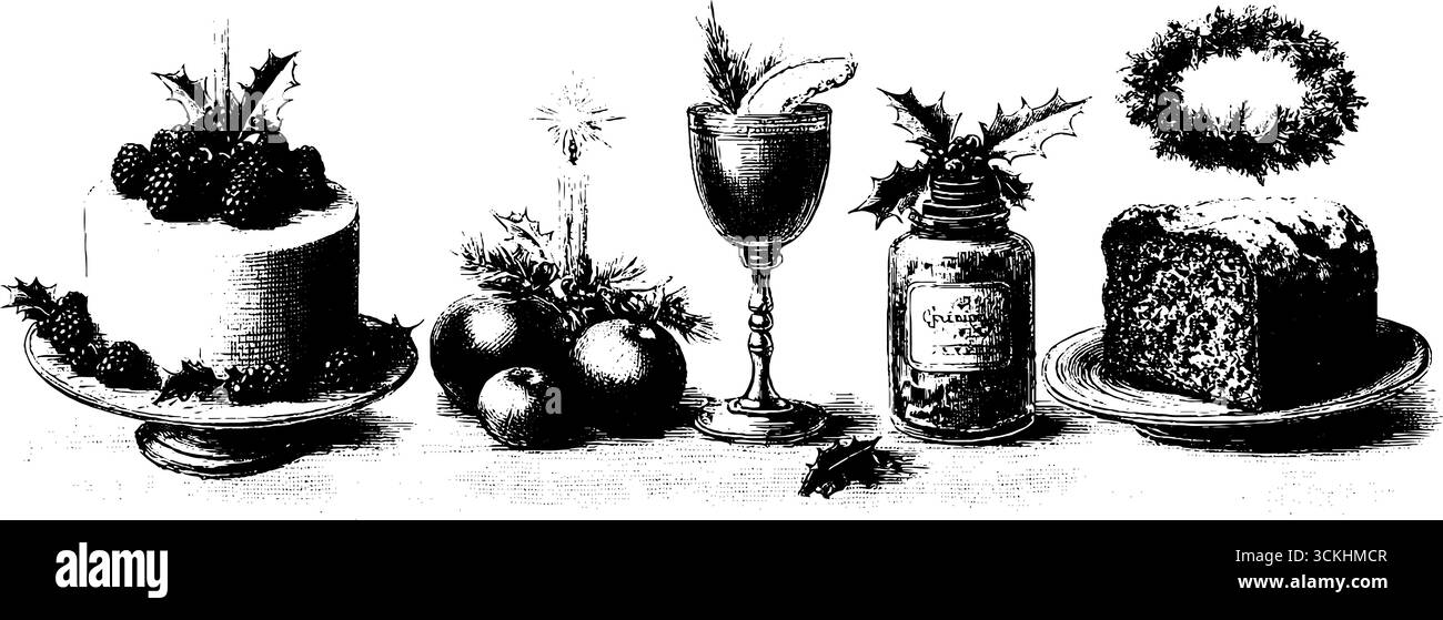 Elven Winterküche mit festlichen Desserts im Mondschein und Getränken für Urlaubsgestaltung. Stock Vektor