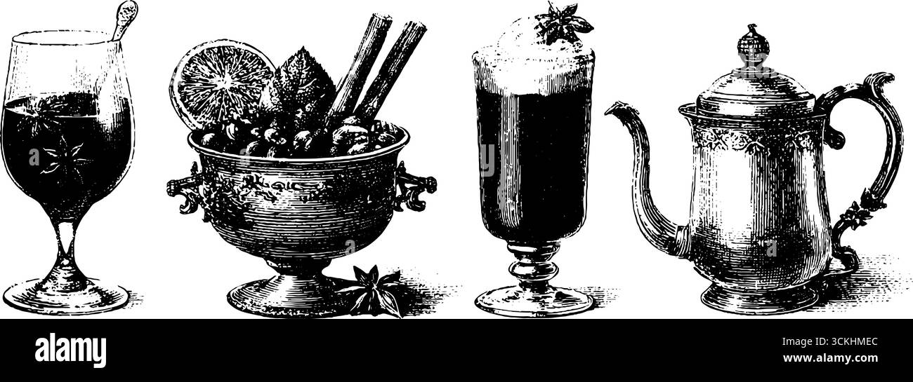 Gravur der festlichen Glühwein-Heißgetränke-Kollektion für das Weihnachtsdesign. Stock Vektor