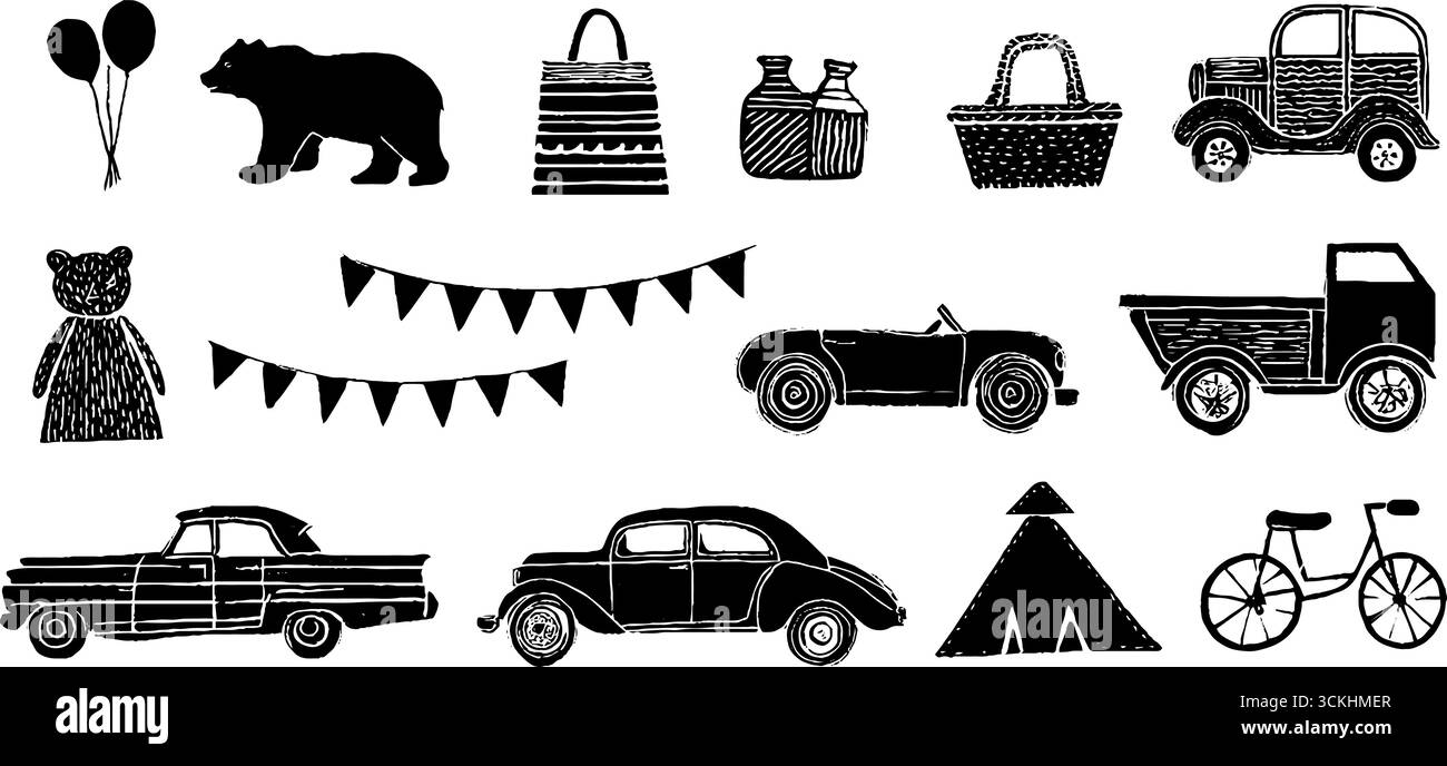 Vintage-Silhouetten für Spielzeug und Fahrzeug im Linolschnitt sorgen für verspielte Designs. Stock Vektor