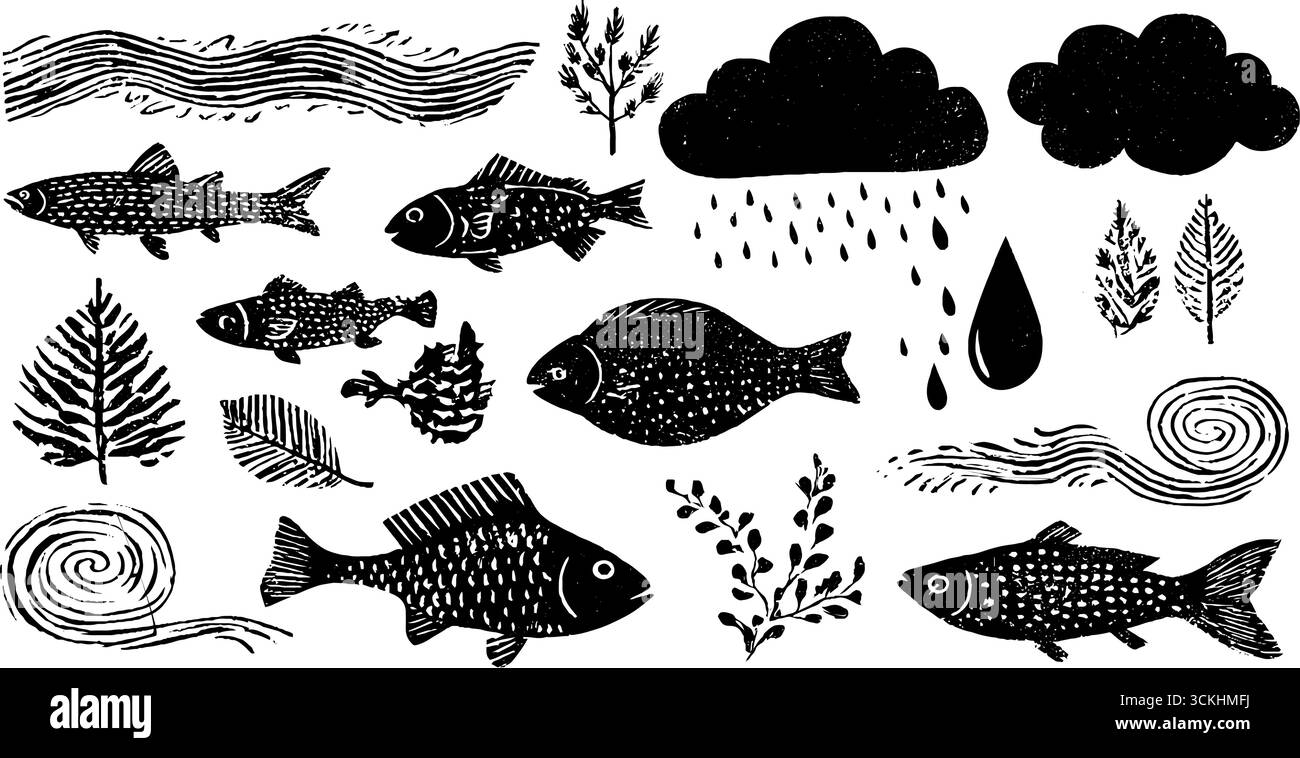 Linolschnitt-Wassersymbole mit Wellen, Tröpfchen, Fischen und Flusselementen als Design. Stock Vektor
