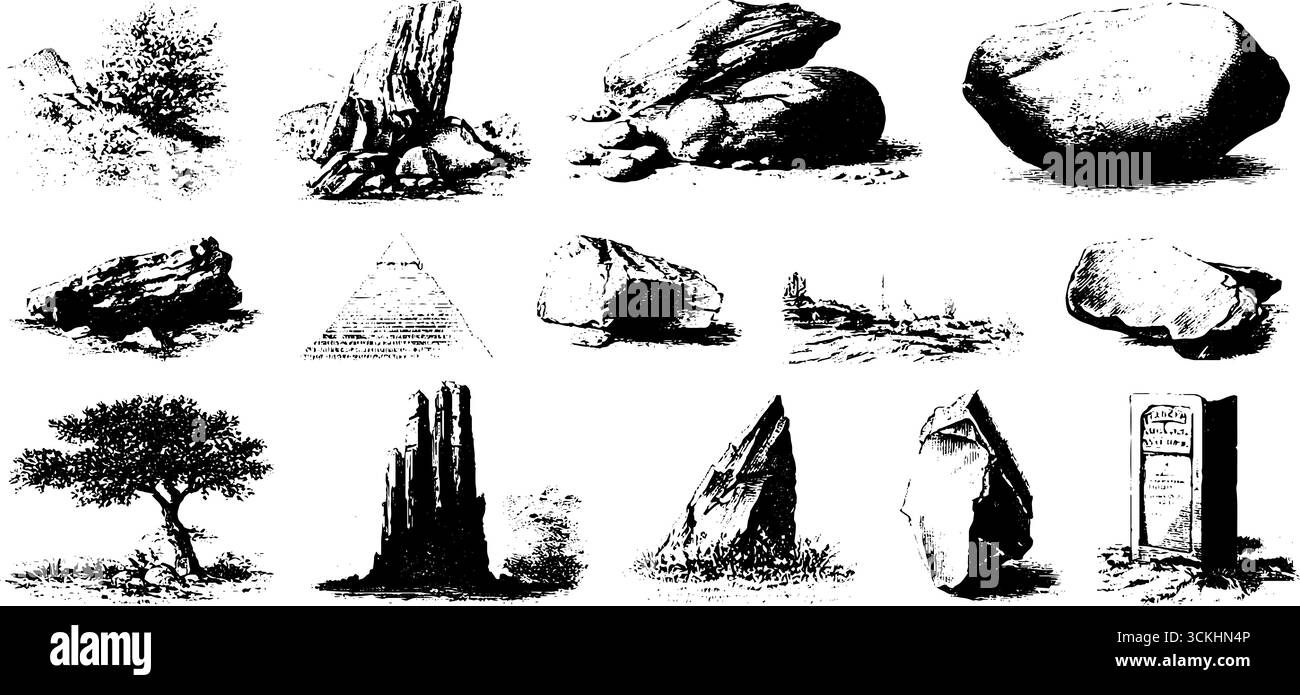 Handgezeichnete Vintage-Kollektion mit Stein- und Naturelementen für Design und Dekoration. Stock Vektor