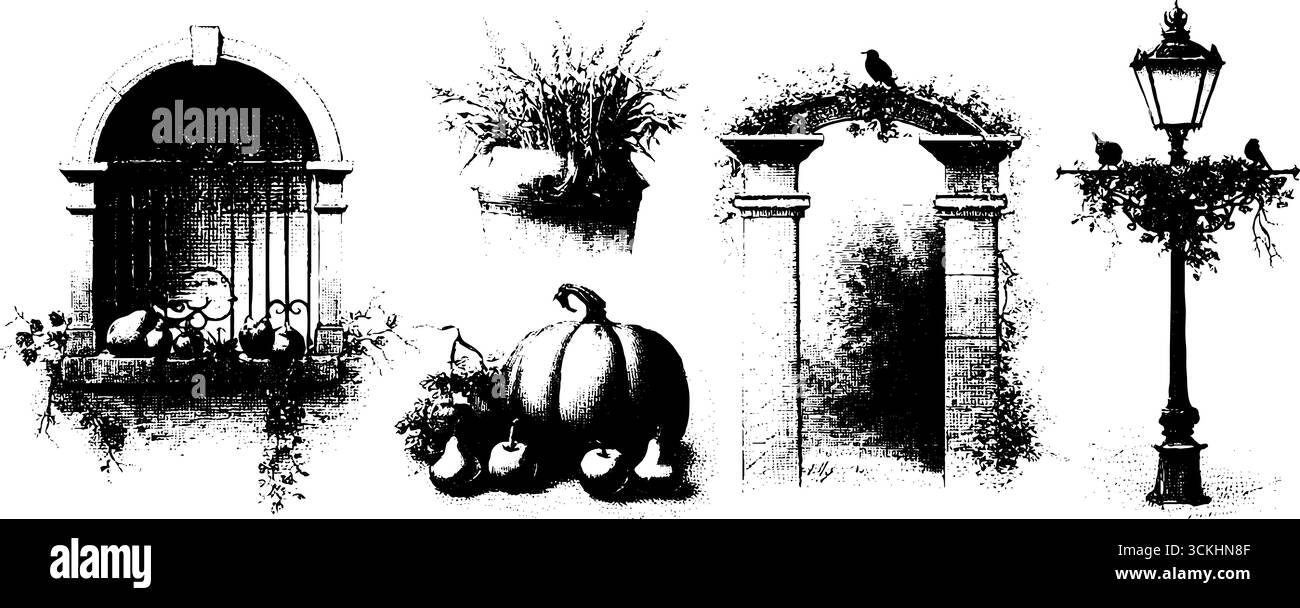 Jugendstil-Danksgiving-Design mit gravierten Herbstelementen und architektonischen Details. Stock Vektor