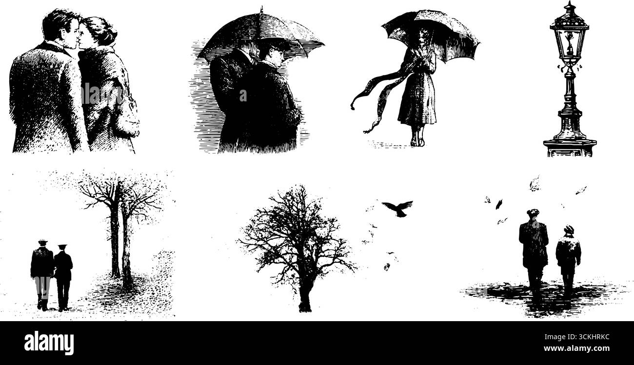 Romantischer Herbstspaziergang: Vintage-Gravurkollektion mit Paaren und Naturszenen für Design und Dekoration. Stock Vektor