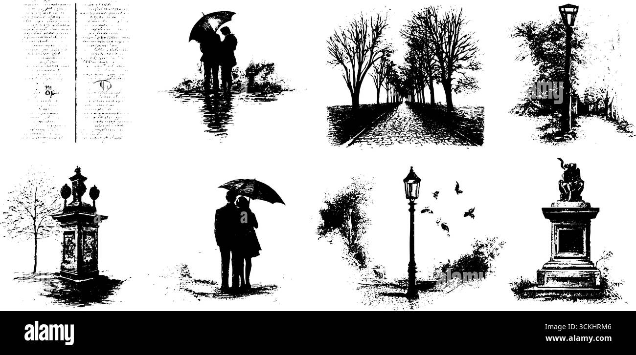 Herbstliche regnerische Stadtszenen mit Silhouettenschirmen und Vintage-Elementen. Stock Vektor