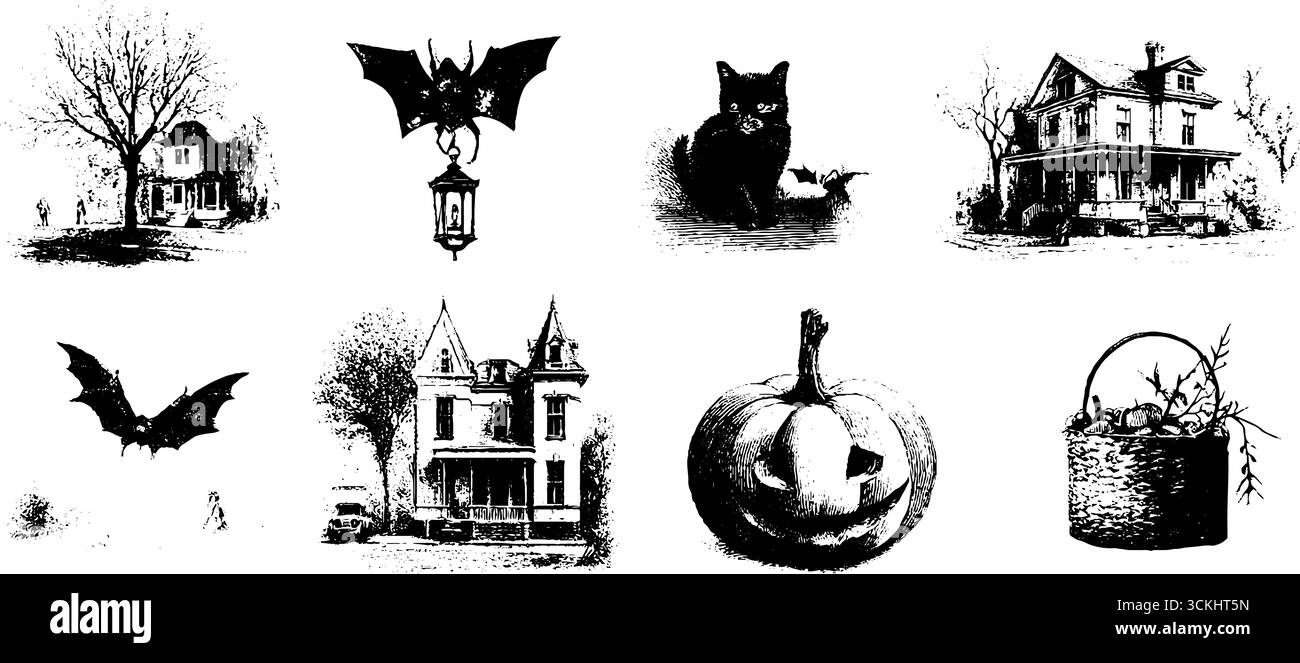 Halloween Trick or Treat Street Gravurkollektion mit Häusern, Katze, Fledermaus und Kürbis. Stock Vektor
