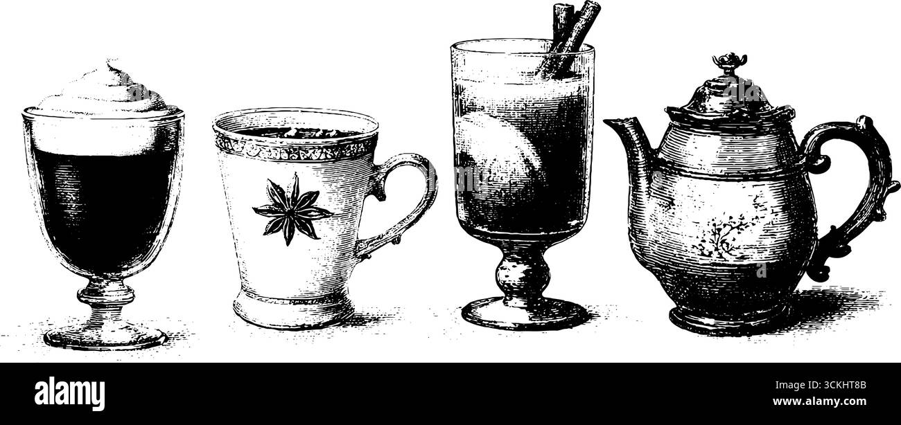Vintage-Skizze für warme Getränke: Sammlung gravierter Tassen und Teekannen für die Café-Einrichtung. Stock Vektor