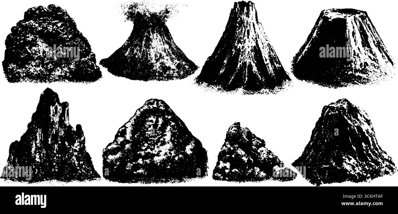 Schwarzes und weißes vulkanisches Berg-Illustrationsset für Design. Stock Vektor