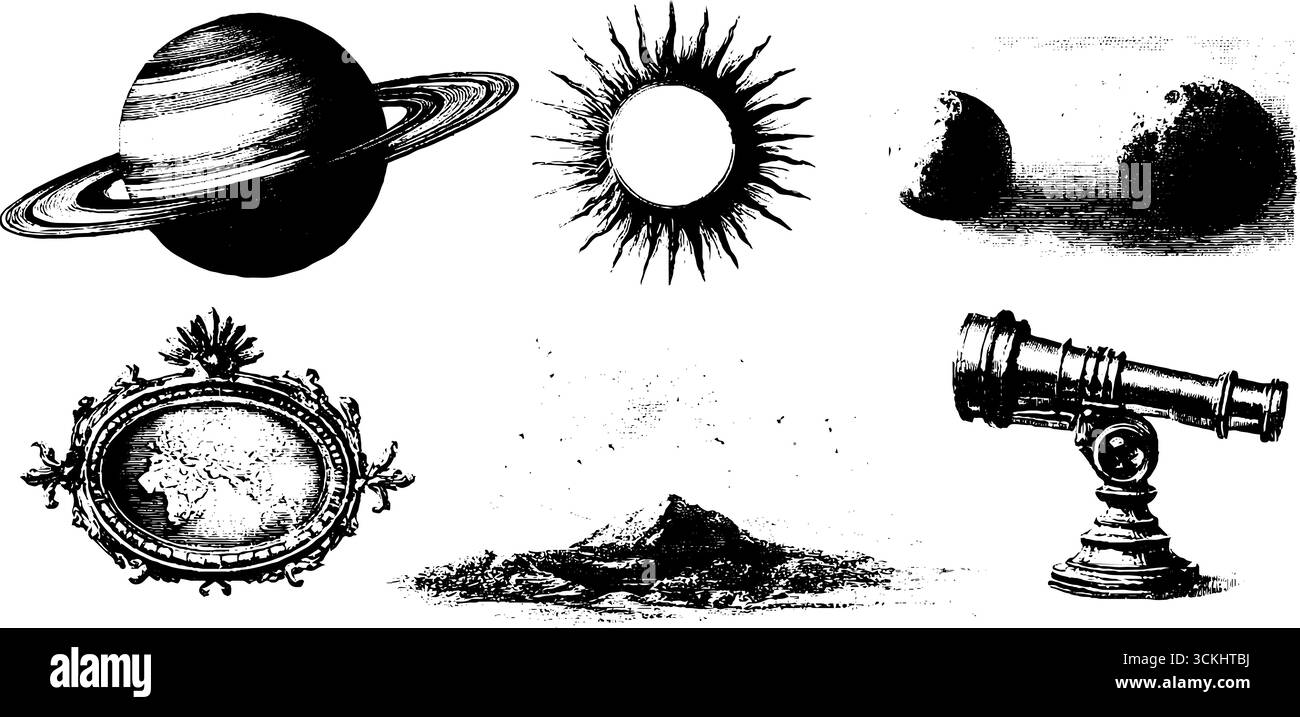 Vintage-Gravurkollektion mit Himmelskörpern und Astronomie-Kunst für Design und Dekoration. Stock Vektor