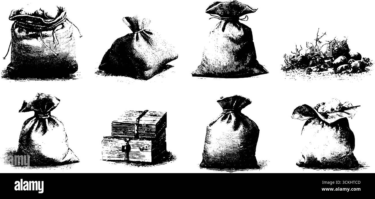 Sammlung von Vintage-Erntebeuteln und Gemüse für saisonales Design. Stock Vektor