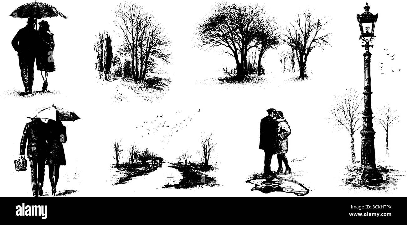 Romantische Herbstbummel Kollektion mit handgezeichneten Stichen von Paaren und malerischer Aussicht. Stock Vektor