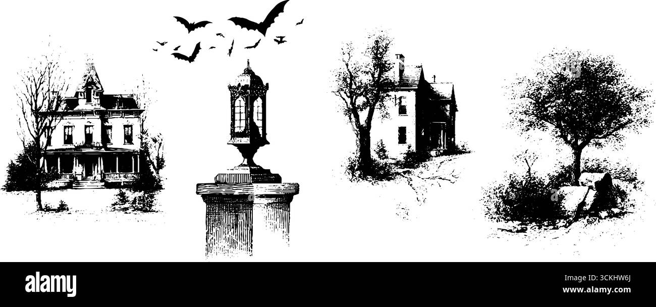 Unheimliche Haunted House-Kollektion: Vintage-Gravur gruseliger Architektur. Stock Vektor