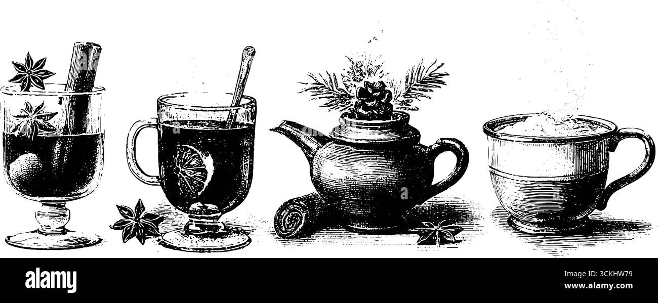 Festliche Gravur der Glühwein-Heißgetränk-Kollektion für Urlaubsgestaltung. Stock Vektor