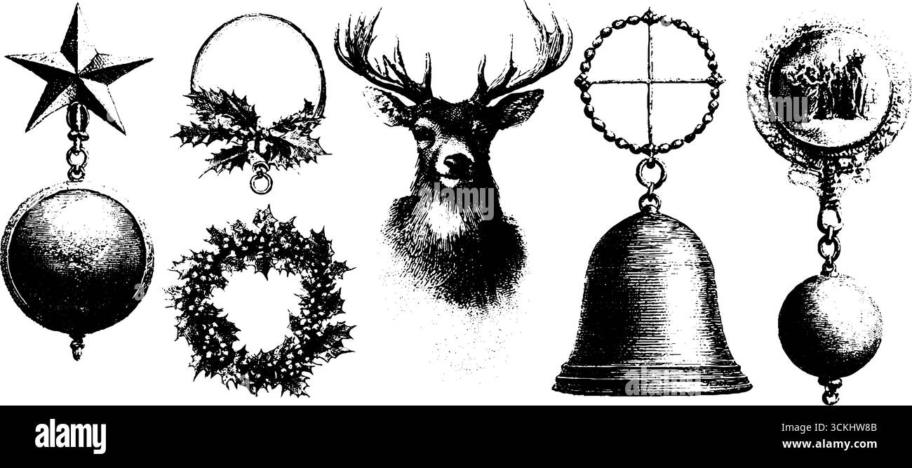 Festliche Feiertags-Charms-Kollektion mit magischen Hirschen, Glocken und Kränzen - perfekt für saisonales Design und Dekoration. Stock Vektor