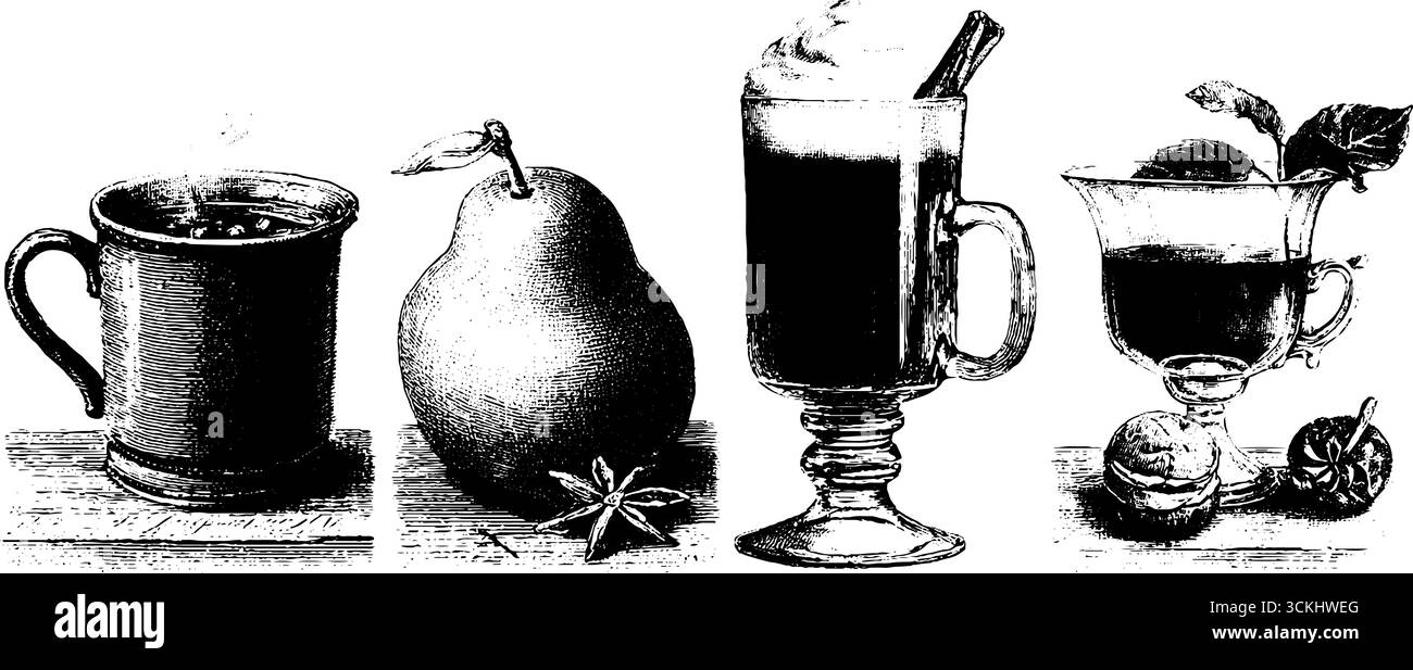 Gravur der Kollektion von warmen Wintergetränken und Glühgetränken für saisonales Design. Stock Vektor