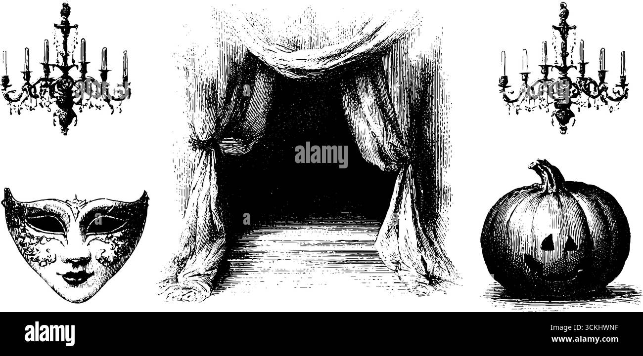 Halloween Maskerade Szene mit Kronleuchter, Maske, Vorhängen und Kürbis für festliche Dekoration. Stock Vektor