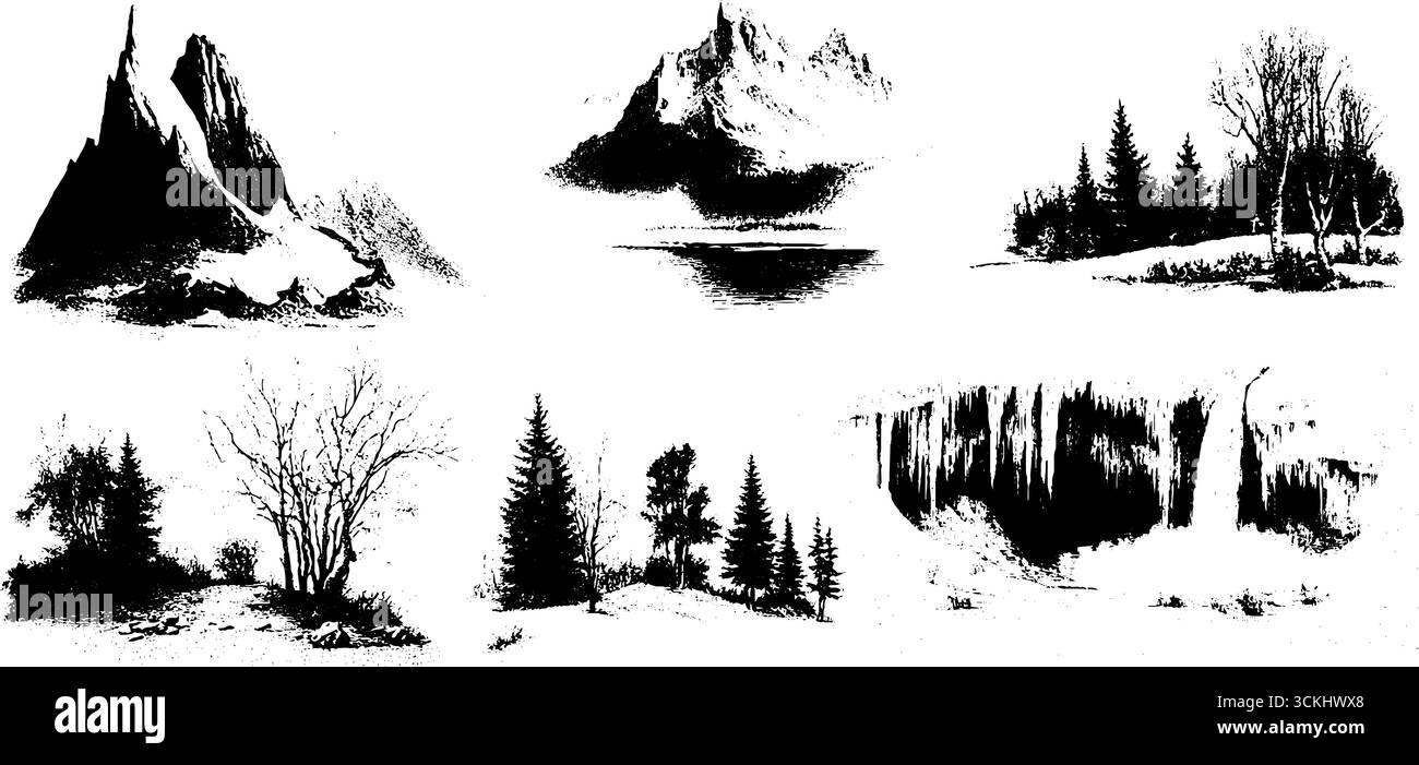 Gravur der Kollektion gefrorener Landschaftsdetails mit Bäumen und Bergen für Winterdesign. Stock Vektor