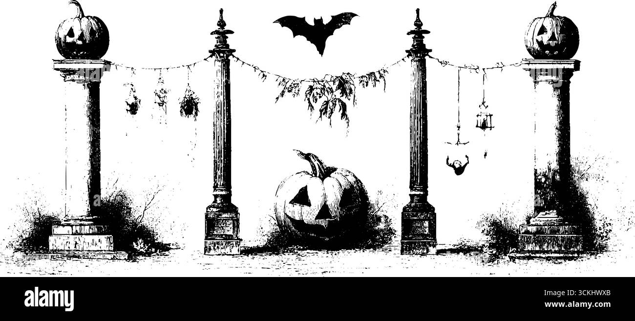 Halloween Street Decor-Kollektion mit Kürbislaternen und gotischen Details für saisonales Design. Stock Vektor