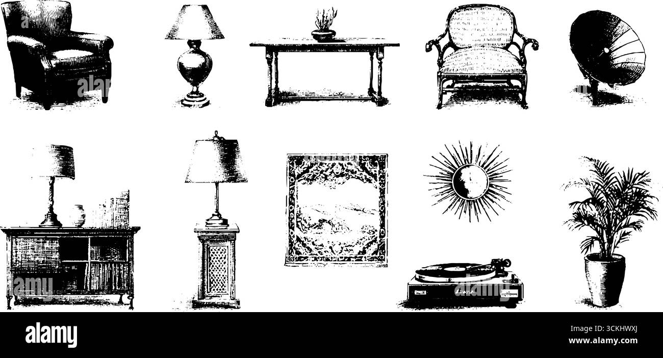 Moderne Innendekorationselemente aus der Mitte des Jahrhunderts für Retro-Designprojekte. Stock Vektor
